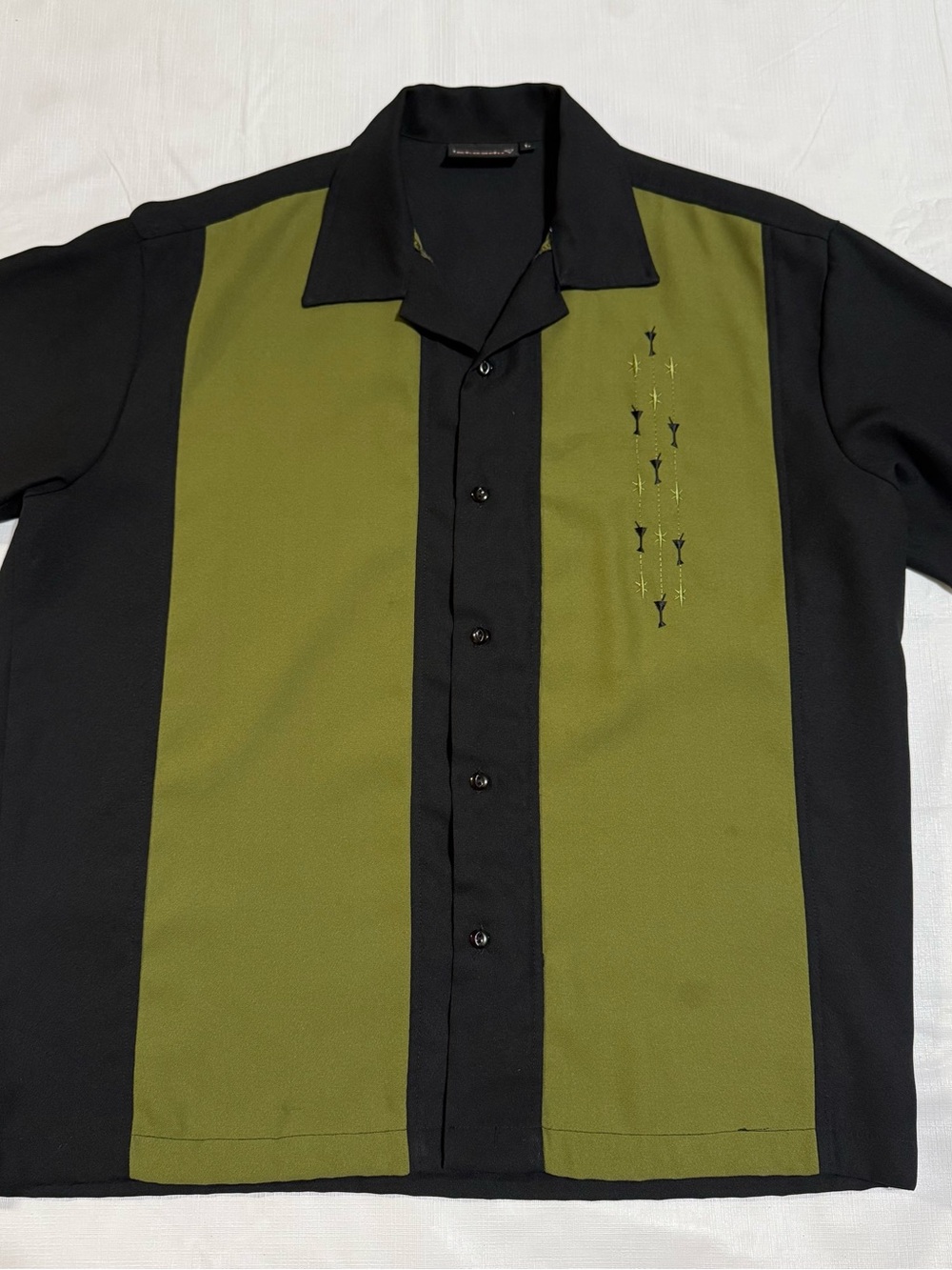 Steady last call bowling Short-Sleeve Olive&Black Panel Button-Down Shirt size L